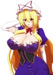  1girl areola_slip areolae blonde_hair blush breasts cleavage curvy dress elbow_gloves gloves hat highres hips huge_breasts long_hair looking_at_viewer open_mouth red_eyes simple_background smile solo tonyman_plus touhou white_background yakumo_yukari 