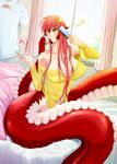  breasts brushing_teeth controller hair_between_breasts hair_brush hair_brushing hair_ornament hairclip highres lamia large_breasts long_hair miia_(monster_musume) monster_girl monster_musume_no_iru_nichijou mr._metabo multitasking navel on_bed one_eye_closed pointy_ears prehensile_tail red_hair remote_control scales slit_pupils solo tail tail_hold waking_up window yellow_eyes 