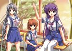  antenna_hair blue_eyes brown_eyes brown_hair clannad desk fujibayashi_kyou furukawa_nagisa hairband highres long_hair multiple_girls purple_eyes purple_hair sakagami_tomoyo school_desk school_uniform short_hair silver_hair sitting standing suspenders thighhighs white_legwear window zettai_ryouiki zixia_(msl) 