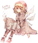  ankle_boots arm_ribbon blonde_hair boots character_name dress drill_hair embellished_costume fairy_wings full_body hair_ribbon head_scarf highres knees_up leg_warmers light_frown looking_at_viewer luna_child ribbon ribbon-trimmed_sleeves ribbon_trim sato_imo shoe_ribbon short_hair simple_background sitting sleeves_past_wrists solo striped striped_legwear thighhighs touhou twin_drills white_background white_dress wings yellow_eyes 