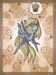  2013 blonde_hair chibi cutie_mark derp_eyes derpy_hooves_(mlp) equine female feral food friendship_is_magic fur grey_feathers grey_fur hair hi_res horse magic mammal muffin my_little_pony nude pegasus pony raised_leg raptor007 smile solo thought_bubble wings yellow_eyes yellow_fur 