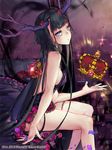  2014 antlers bad_id bad_pixiv_id bed black_hair black_kirin blue_eyes breasts crown floating floating_object flower from_side jit kaizin_rumble long_hair looking_at_viewer on_bed sideboob sitting small_breasts solo sparkle 