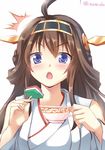  1girl ahoge blue_eyes brown_hair cup detached_sleeves double_bun hairband hishimochi izumi_akane japanese_clothes kantai_collection kongou_(kantai_collection) long_hair nontraditional_miko simple_background solo teacup white_background 