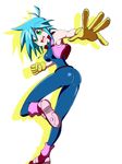  1girl allenby_beardsley artist_request ass bare_shoulders blue_hair bodysuit breasts clenched_hand fist g_gundam gloves green_eyes gundam highres open_mouth outstretched_hand pendant shiny shiny_clothes short_hair smile solo spandex vest 