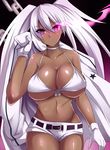  belt bikini_top black_rock_shooter breasts burning_eye carrying_over_shoulder dark_skin gloves jacket large_breasts long_hair looking_at_viewer megane_man midriff navel purple_eyes shorts solo stitches twintails white_gloves white_hair white_jacket white_rock_shooter 