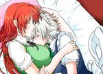  bed blue_dress braid breasts closed_eyes commentary_request couple cuddling dress green_dress hong_meiling hug izayoi_sakuya large_breasts long_hair lying maid maid_headdress multiple_girls on_side pillow puffy_short_sleeves puffy_sleeves red_hair short_sleeves silver_hair sleeping sui-sakura touhou twin_braids very_long_hair yuri 