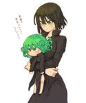  black_dress black_hair blush carrying dress fubuki_(one-punch_man) green_eyes green_hair long_sleeves looking_at_another looking_down md5_mismatch multiple_girls one-punch_man riya_(teezeit) short_hair siblings simple_background sisters size_difference sweatdrop tatsumaki translation_request white_background 
