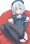  3: blue_eyes breast_suppress breasts cosplay garter_straps hair_ornament hairclip hamakaze_(kantai_collection) highres kantai_collection large_breasts military military_uniform short_hair silver_hair solo takao_(kantai_collection) takao_(kantai_collection)_(cosplay) thighhighs tokoi uniform 