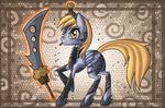  2013 armor blonde_hair clothed clothing cutie_mark derpy_hooves_(mlp) equine female feral food friendship_is_magic fur grey_feathers grey_fur hair horse magic mammal muffin my_little_pony pegasus pony raised_leg raptor007 solo sword tongue tongue_out weapon wings yellow_eyes yellow_fur 