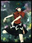  1st-mn black_border blue_hair border brown_eyes chinese_clothes expressionless flat_cap folded_leg gradient gradient_background hat looking_at_viewer miyako_yoshika ofuda one_eye_covered outstretched_arms parted_lips short_hair short_sleeves skirt solo star touhou zombie_pose 