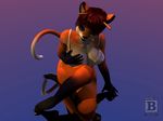  2015 3d anthro big_breasts black_lips black_nose blx24 bra breasts cat clothing feline female fur hair hi_res hindpaw lips looking_at_viewer mammal nails orange_fur panties paws red_hair short_hair sitting smile solo underwear white_fur 