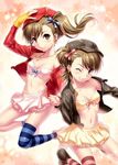 breasts brown_eyes brown_hair cleavage futami_ami futami_mami hat idolmaster idolmaster_(classic) jacket jewelry jpeg_artifacts long_hair multiple_girls necklace one_eye_closed short_hair siblings side_ponytail single_thighhigh sisters skirt small_breasts smile striped striped_legwear thighhighs twins zen 