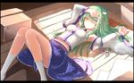  breasts detached_sleeves frog_hair_ornament green_eyes green_hair hair_ornament highres kochiya_sanae letterboxed long_hair lying medium_breasts on_back one_eye_closed snake_hair_ornament socks solo sweat touhou zx0602 