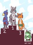  amphibian anthro avian bird canine cat-boots chest_tuft clothed clothing competition english_text eye_patch eyewear falco_lombardi fox fox_mccloud fur group half-dressed humor male mammal nintendo podium sky slippy_toad star_fox swimsuit text toad topless tuft video_games wolf wolf_o&#039;donnell 