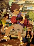  :o bag ball brown_eyes brown_hair building dutch_angle glasses holding leaf looking_at_viewer male_focus multiple_boys noeyebrow_(mauve) original outdoors shirt shorts sitting socks t-shirt tree tube wind 