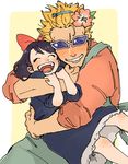  1girl baby_5 bad_id bad_pixiv_id black_hair blonde_hair bow child closed_eyes donquixote_doflamingo donquixote_family earrings flower hair_flower hair_ornament hug jewelry one_piece red_bow short_hair smile sunglasses toro_sarmon235 