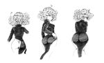  ass curly_hair dress from_behind greyscale hand_on_hip highres long_sleeves looking_back monochrome multiple_views murata_yuusuke_(style) non-web_source one-punch_man open_mouth parody short_hair simple_background style_parody sweatdrop tatsumaki the_golden_smurf white_background wide_hips 