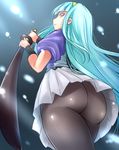  ass black_legwear blue_eyes blue_hair from_behind from_below hair_ornament hairclip katana kitayama_miuki long_hair looking_at_viewer looking_down pantyhose ready_to_draw serious sheath sheathed shimo_(yatagarasu) shiny shiny_clothes skirt sleeves_rolled_up solo sword thighs upskirt very_long_hair weapon wristband yatagarasu_(game) 