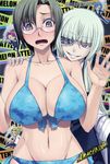  arachnid_(series) bikini blush breasts chibi cleavage eyepatch glasses grin huge_breasts ifuji_shinsen multiple_girls navel official_art shiny_skin short_hair smile swimsuit white_hair 