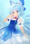  adapted_costume alternate_costume blue_background blue_dress blue_eyes blue_hair bow cirno detached_collar dress fairy gradient gradient_background hair_bow hair_ornament ice ice_wings jpeg_artifacts looking_at_viewer matsuda_(matsukichi) puffy_sleeves short_hair short_sleeves simple_background smirk solo teeth touhou vest wings 