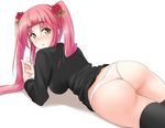  anakin_sky_(utcc) ass blush breasts brown_eyes eyebrows flower from_behind hair_flower hair_ornament hanging_breasts highres large_breasts long_hair looking_back lying no_pants on_stomach original panties pink_hair shirt solo thighhighs twintails underwear 