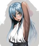  arm_up armpits breasts dress h_kasei large_breasts long_hair looking_at_viewer open_mouth original sideboob silver_hair sleeveless sleeveless_dress solo very_long_hair white_dress yellow_eyes 