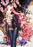  arms_behind_back black_joa blue_eyes bug butterfly cherry_blossoms flower hat highres insect leaning_forward long_hair looking_at_viewer lotus makeup military military_uniform mole mole_under_eye parted_lips pink_hair rose smile solo taut_clothes uniform unleashed wavy_hair 