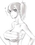  anger_vein bow_(weapon) breasts highres kaga_(kantai_collection) kantai_collection large_breasts looking_at_viewer monochrome no_shirt sarashi side_ponytail sketch solo tuna21 upper_body weapon 