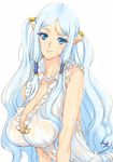  1girl blue_eyes blue_hair breasts cleavage eiwa hair_ornament huge_breasts long_hair pointy_ears princess queen&#039;s_blade queen&#039;s_blade_grimoire queen's_blade queen's_blade_grimoire smile solo tina_(queen&#039;s_blade) tina_(queen's_blade) wet wet_clothes 