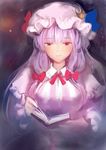  book bow breasts capelet crescent hair_bow hair_ornament hat hat_bow jpeg_artifacts large_breasts long_hair long_sleeves matsuda_(matsukichi) mob_cap patchouli_knowledge purple_hair reading red_eyes smile solo striped touhou 