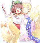  2girls animal_ears blonde_hair blush bow brown_hair cat_ears chen colored dress eyes_closed fang fox_ears fox_tail hair_brush hat japa long_sleeves looking_at_another mob_cap multiple_girls multiple_tails open_mouth ribbon shirt short_hair simple_background sketch skirt skirt_set smile tabard tail tail_ribbon touhou vest white_background white_dress wide_sleeves yakumo_ran 