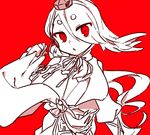 :o chin_strap eyes_visible_through_hair hair_over_one_eye hat ima-no-tsurugi japanese_clothes long_hair male_focus monochrome red_background red_eyes simple_background solo spot_color stole tokin_hat touken_ranbu ukata very_long_hair 
