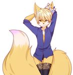  2015 anthro big_tail blonde_hair canine clothing crown fluffy_tail fox front_view fur girly hair hands_behind_head legwear looking_at_viewer male mammal open_shirt orenjii panties partially_clothed rigel_(lil-maj) shirt stockings underwear wide_hips yellow_eyes yellow_fur 