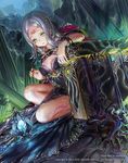  artist_name breasts cleavage cloak green_eyes guardian_cross hair_ornament jane_mere jewelry long_hair medium_breasts official_art opening parted_lips potion ruins silver_hair smile solo sorceress square_enix tattoo treasure_chest 