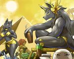  ! &lt;3 ammit ankh anubis bastet bikini black_fur black_hair clothed clothing crocodile deity desert drink egyptian_mythology female fur hair headphones link2004 male open_mouth pyramid red_hair reptile scalie sekhmet_(character) skimpy swimsuit water 