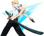  bad_id bad_pixiv_id blonde_hair cellphone from_behind gatchaman_crowds looking_back male_focus phone scabbard sheath solo suspenders sword tachibana_sugane umishima_senbon weapon yellow_eyes 