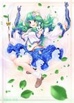  blouse blush bra breasts character_name detached_sleeves frog_hair_ornament green_eyes green_hair hair_ornament hair_tubes highres kochiya_sanae large_breasts leaf loafers long_hair open_mouth panties pink_bra pink_panties rattle shoes skirt smile snake solo stick touhou underwear urufu wind 