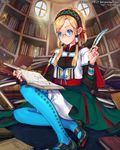  argyle argyle_legwear armlet bangs blonde_hair blue_eyes blue_legwear book book_stack bookshelf braid dated glasses hairband indoors jit library light_rays long_hair mary_janes official_art open_book pantyhose parted_bangs quill reading shoes sitting skirt solo sparkle tenkuu_no_crystalia 