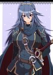  1girl alternate_breast_size blue_eyes blue_hair blush breasts cape crown erect_nipples female fire_emblem fire_emblem:_kakusei hand_on_hip highres large_breasts long_hair looking_at_viewer lucina simple_background smile solo standing sword tonyman_plus wavy_hair weapon 