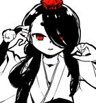 bridal_gauntlets hair_over_one_eye hat ima-no-tsurugi japanese_clothes long_hair looking_at_viewer male_focus monochrome parted_lips pom_pom_(clothes) red_eyes simple_background solo spot_color tokin_hat touken_ranbu ukata upper_body white_background 