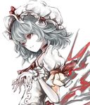 ascot dress hat hat_ribbon mob_cap nail_polish pale_skin puffy_short_sleeves puffy_sleeves red_eyes red_nails remilia_scarlet ribbon short_sleeves silver_hair solo touhou upper_body white_dress yutapon 