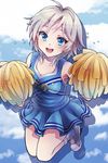  81_(mellowry) anastasia_(idolmaster) blue_eyes blush breasts cheerleader earrings idolmaster idolmaster_cinderella_girls jewelry looking_at_viewer medium_breasts open_mouth pom_poms shoes short_hair silver_hair skirt smile sneakers solo sweat 