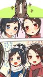  :o alternate_costume blue_eyes blue_hair blush brown_hair comic face high_ponytail horse japanese_clothes kashuu_kiyomitsu kimono long_hair male_focus mole mole_under_eye mole_under_mouth multiple_boys open_mouth ponytail red_eyes red_scarf saniwa_(touken_ranbu) scarf sparkle sweatdrop touken_ranbu translated ukata white_scarf yamato-no-kami_yasusada 