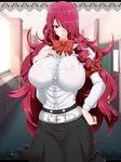  1girl armband belt breasts hair_over_one_eye hallway hand_on_hip highres huge_breasts kirijou_mitsuru large_nipples long_hair looking_at_viewer persona persona_3 red_eyes red_hair see-through serious skirt solo standing tonyman_plus transparent wavy_hair 