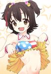  :d akagi_miria black_hair blush bottomless brown_eyes detached_collar hair_bobbles hair_ornament hair_ribbon hisayaki_kyuu idolmaster idolmaster_cinderella_girls looking_at_viewer navel open_mouth pikapikapop ribbon shirt_lift short_hair smile solo twintails two_side_up wristband 