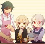  apron chocolate chocolate_bar eyepatch eyes_visible_through_hair green_hair hair_flaps hair_over_one_eye hotarumaru ima-no-tsurugi long_hair looking_at_viewer male_focus mixing_bowl multiple_boys red_eyes shokudaikiri_mitsutada tongue touken_ranbu ukata whisk yellow_eyes 