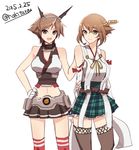  2girls blue_eyes brown_hair cosplay costume_switch gloves green_eyes hairband hand_on_hip hiei_(kantai_collection) hiei_(kantai_collection)_(cosplay) kantai_collection multiple_girls mutsu_(kantai_collection) mutsu_(kantai_collection)_(cosplay) nontraditional_miko over-kneehighs raki_(kuroe) short_hair skirt smile thighhighs zettai_ryouiki 