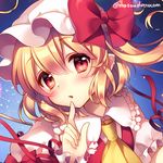  ascot blonde_hair blue_background blush bow flandre_scarlet frills gradient gradient_background hat hat_bow looking_at_viewer masaru.jp mob_cap open_mouth pointy_ears ponytail puffy_sleeves red_eyes ribbon short_hair short_sleeves side_ponytail simple_background solo touhou twitter_username upper_body vest wings wrist_cuffs 