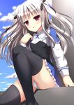  absolute_duo ahoge chestnut_mouth hair_ribbon highres long_hair looking_at_viewer nyarumi panties pantyshot red_eyes ribbon silver_hair solo thighhighs two_side_up underwear white_panties yurie_sigtuna 