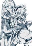  1girl alternate_costume blush crossdressing cup embarrassed enmaided femdom food glasses groping height_difference holding holding_plate kagamine_len long_hair long_skirt maid maid_headdress megurine_luka monochrome open_mouth parfait plate ponytail sandwich skirt teacup tears thighhighs thupoppo tray vest vocaloid white_background 